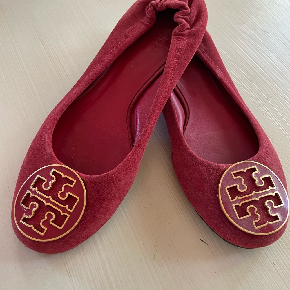 Tory Burch Red Suede Flats with Gold Logo